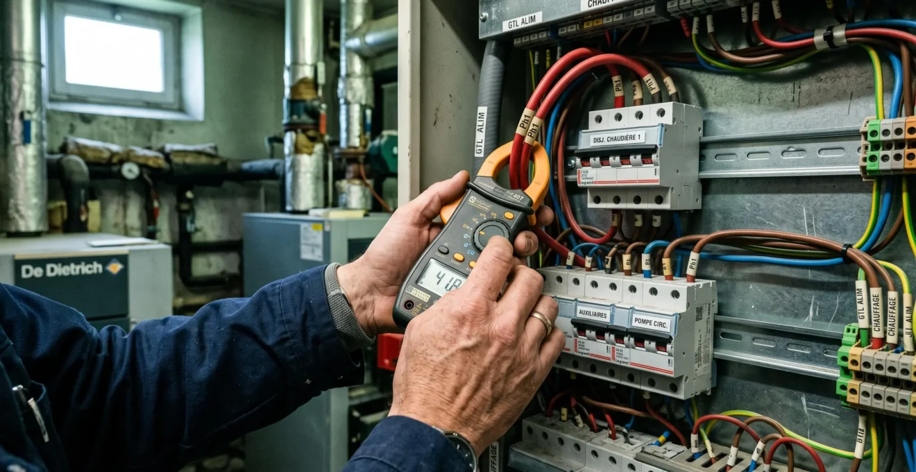 Un auditeur mesure le courant électrique avec une pince ampèremétrique dans un local technique.