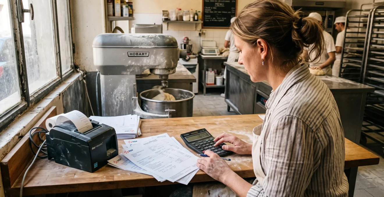 Une boulangère examine ses factures d'électricité à côté de son fournil.