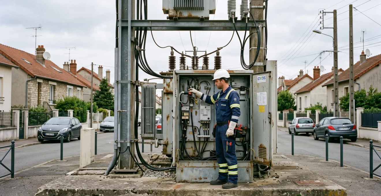 Un technicien inspecte un poste électrique de distribution dans un quartier résidentiel français.