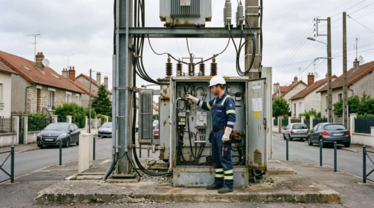 Un technicien inspecte un poste électrique de distribution dans un quartier résidentiel français.